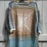 Bawełniana z rękawkiem 3/4, niebiesko beżowa - sukienka tunika na szydełku szydełkowa bluzka