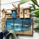 Drewniany wieszak ścienny z malowanym pejzażem - Fiordy