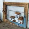 niebieskie drewniane domki ramka z domkami i haczykami - wieszaczek na klucze prezent do domu