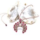 LUNULA słowiański księżyc Rubin Kryształ Górski w makramie naszyjnik pleciony regulowany