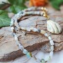 Delikatny naszyjnik ceramiczna muszelka, amazonit, boho 