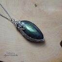 Wisiorek z zielonym labradorytem, wire wrapping, stal chirurgiczna