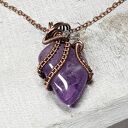 Ametyst z kryształem górskim - ręcznie robiony wisiorek z miedzi wire wrapping