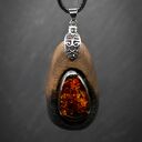 Naszyjnik orzech i ciemny bursztyn premium, pirografia, wood Jewellery, wisiorek