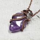 Ametyst z kryształem górskim - ręcznie robiony wisiorek z miedzi wire wrapping