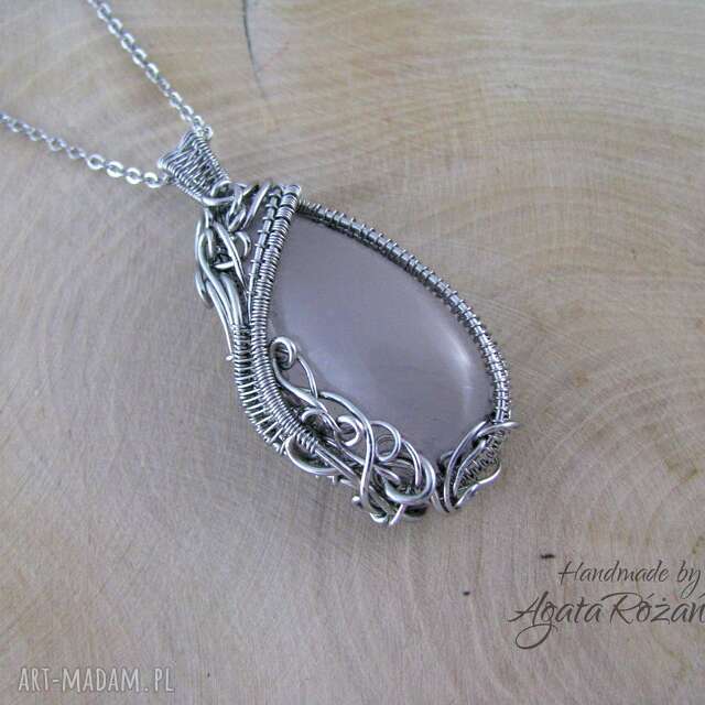 Wisiorek kwarc różowy, wire wrapping, stal chirurgiczna