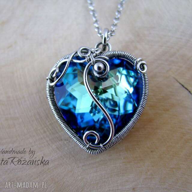 Wisiorek serce kryształowe Bermuda Blue, wire wrapping