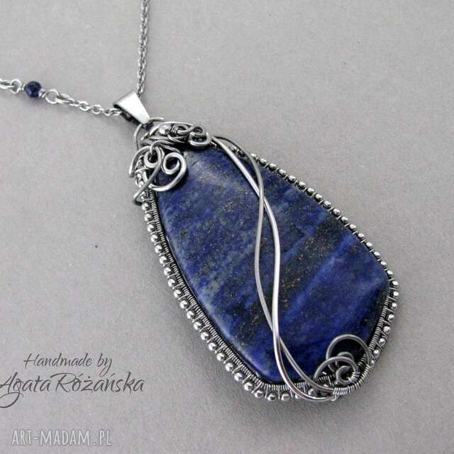 Wisior z Lapis Lazuli, wire wrapping, stal chirurgiczna