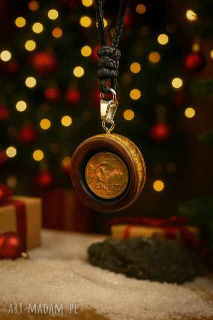 Drewniany wisiorek -Grosz szczęścia-ręcznie zrobiony naszyjnik z brzozy, na szczęście;na lato, wakacje