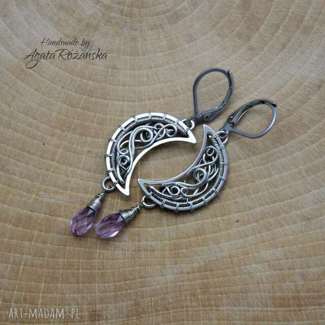 Kolczyki księżyce z ametystami, półksiężyce, wire wrapping, stal chirurgiczna