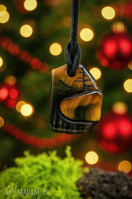Wisiorek drzewo owocowe i tygrysie oko - pirografia, handmade, biżuteria, dla niej, biżuteria z drewna