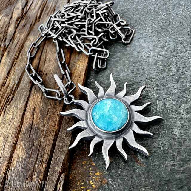 Duży, srebrny wisior symbol Słońca z amazonitem 12 mm