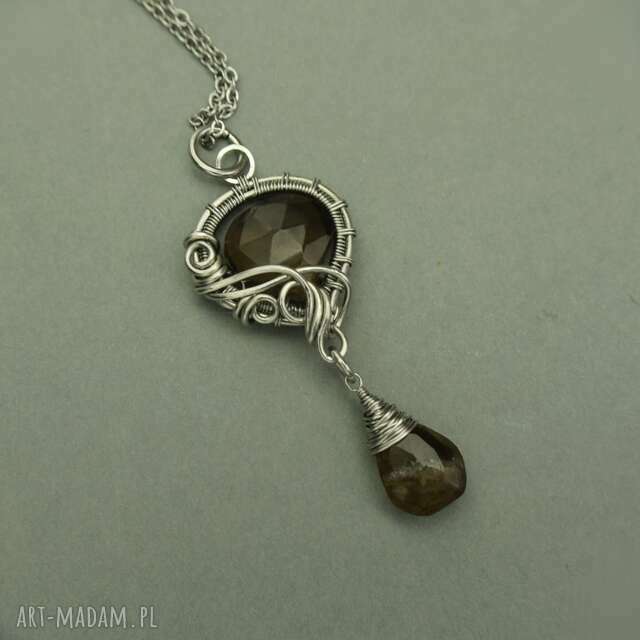 Długi wisiorek kwarc dymny, wire wrapping, stal chirurgiczna