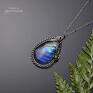 z niebieskim labradorytem ze stali, wire wrapping, stal chirurgiczna wisiorki