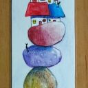 Ręcznie malowana zakładka do książki - Miasteczko z kotami (7 x 21,5 cm)