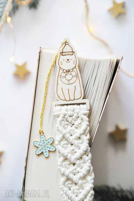 Makramowa zakładka do książki Świąteczny kotek | Zakładka z kotkiem