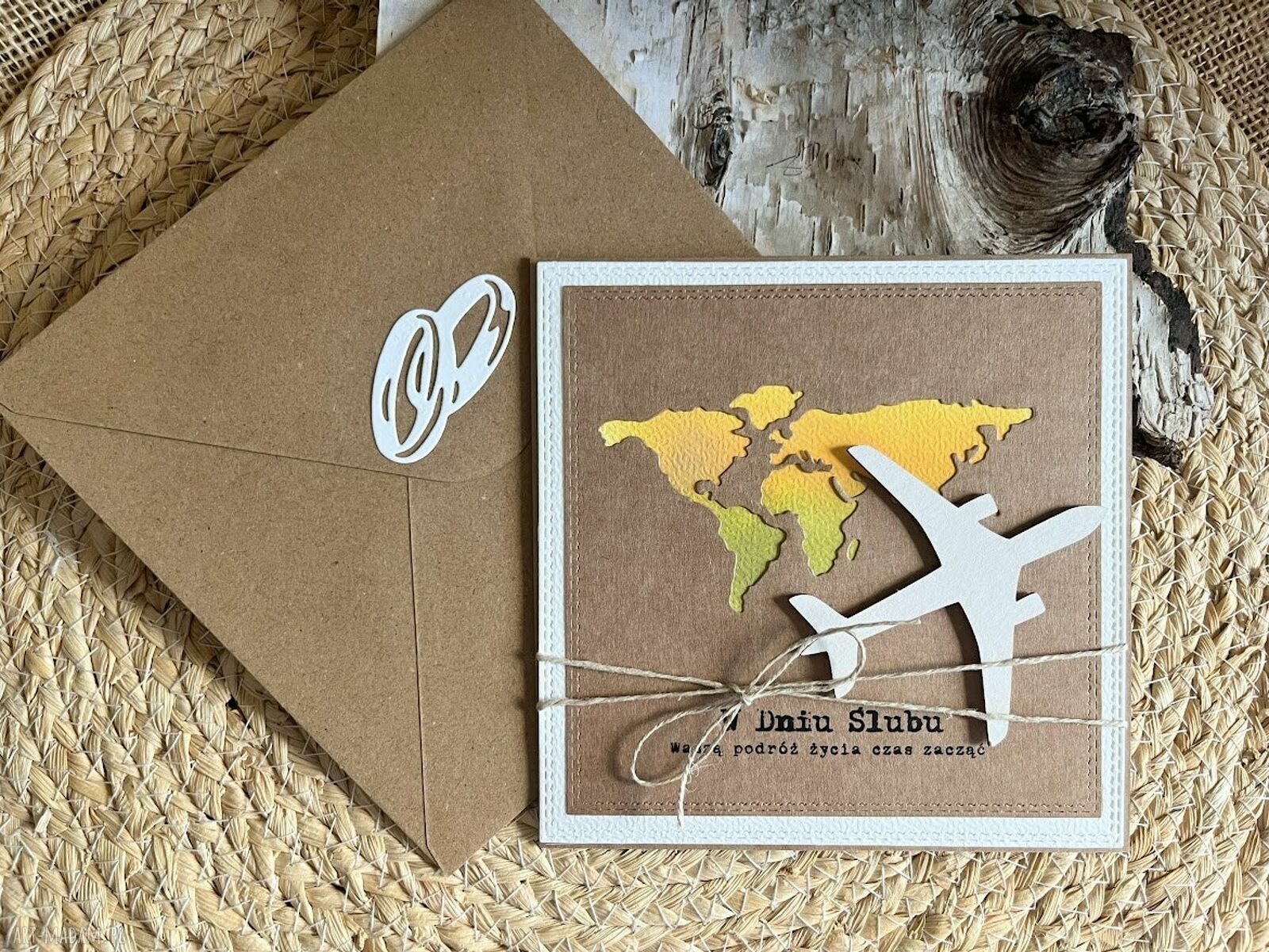 Kartka ślubna z samolotem - handmade scrapbooking w stylu eco z kopertą