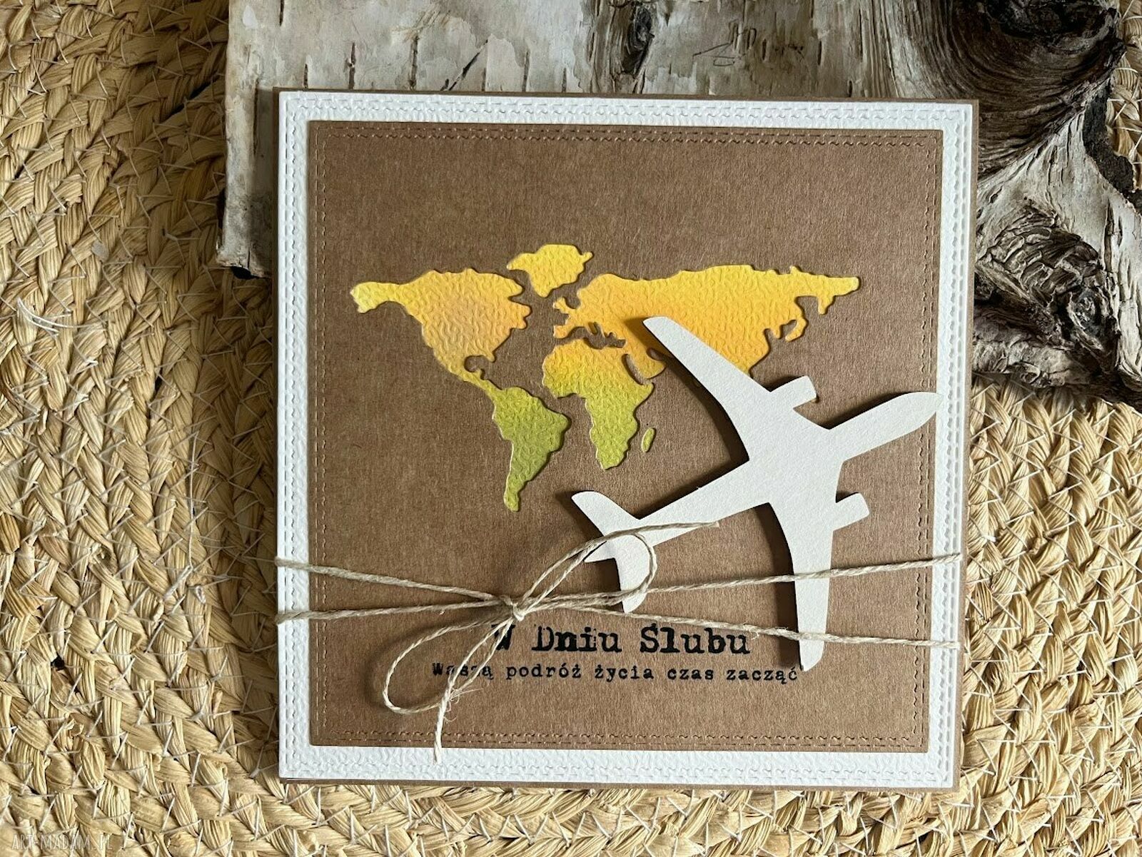Kartka ślubna z samolotem - handmade scrapbooking w stylu eco z kopertą
