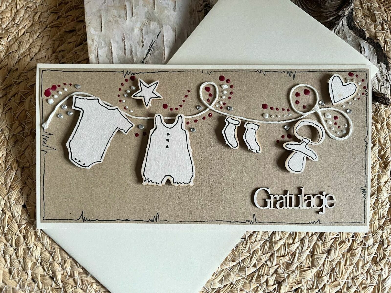 Kartka z okazji narodzin dziecka - beżowo-kraftowa handmade