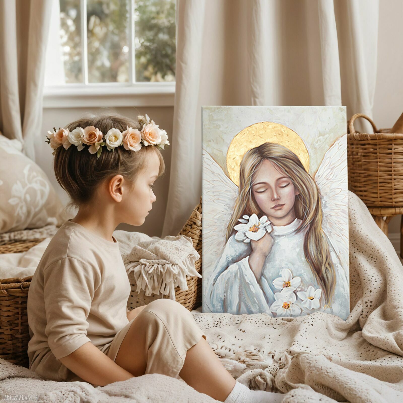 Ręcznie malowany anioł stróż 40x60 cm - obraz na płótnie z dedykacją