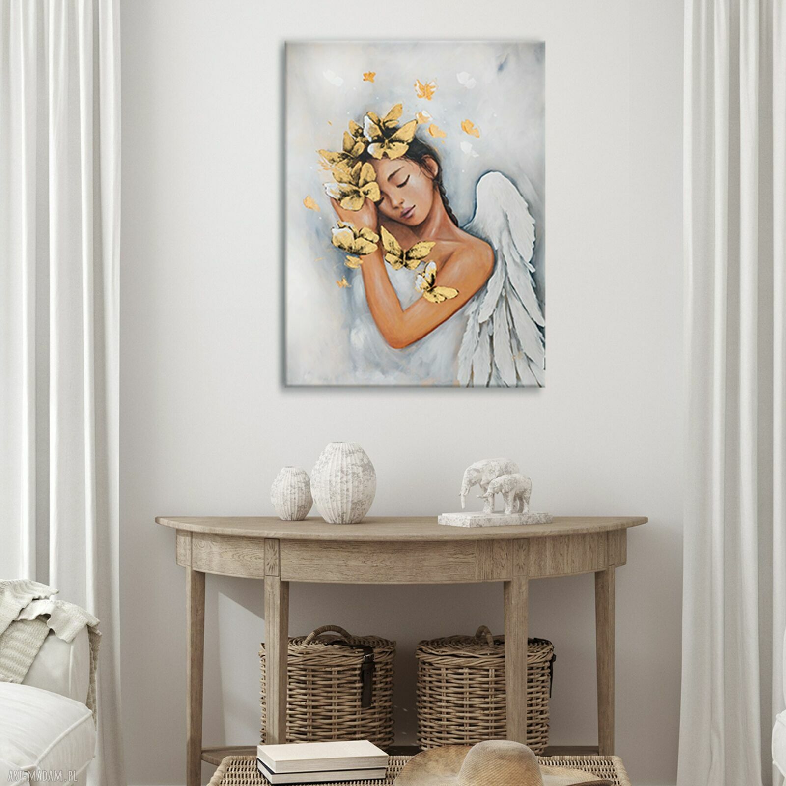 Anioł stróż „Motyle” - obraz ręcznie malowany na płótnie 50x70 cm