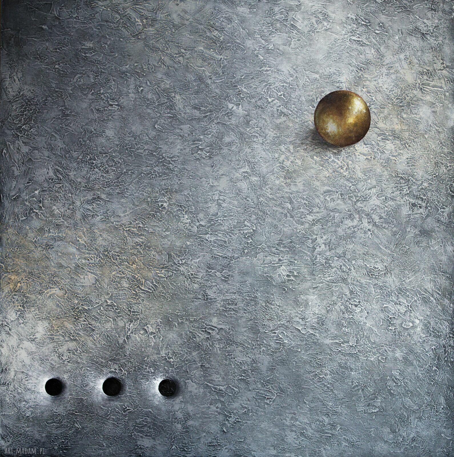 Ręcznie malowana abstrakcja 100x100 cm - Złota kula, obraz strukturalny 3D na płótnie