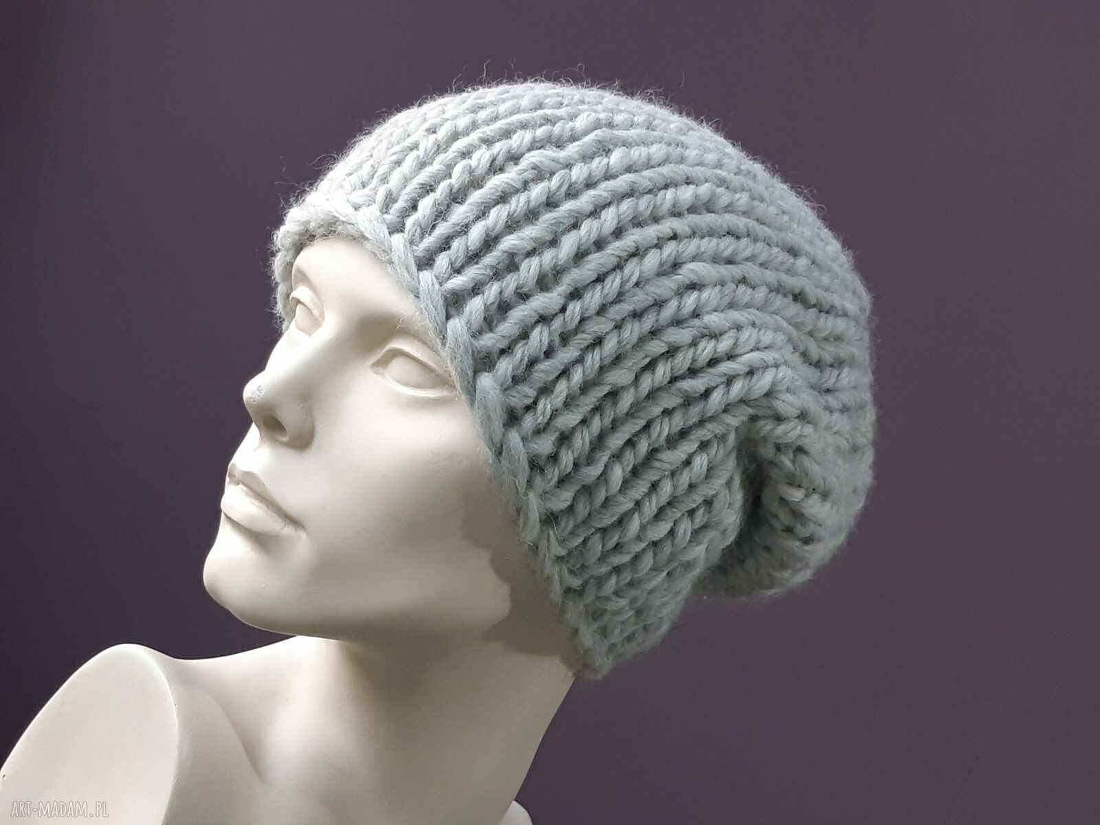 Zimowa czapka handmade z 100% owczej wełny - jasnoszary melanż