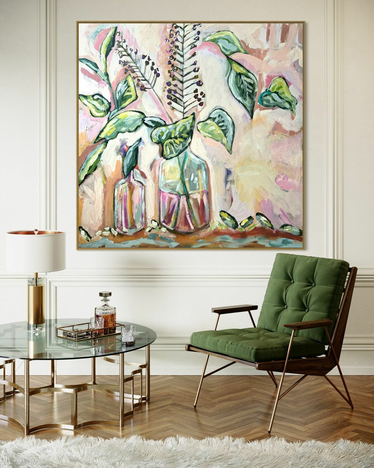 Ręcznie malowany obraz 100x100 cm - abstrakcja z motywem kwiatów do salonu