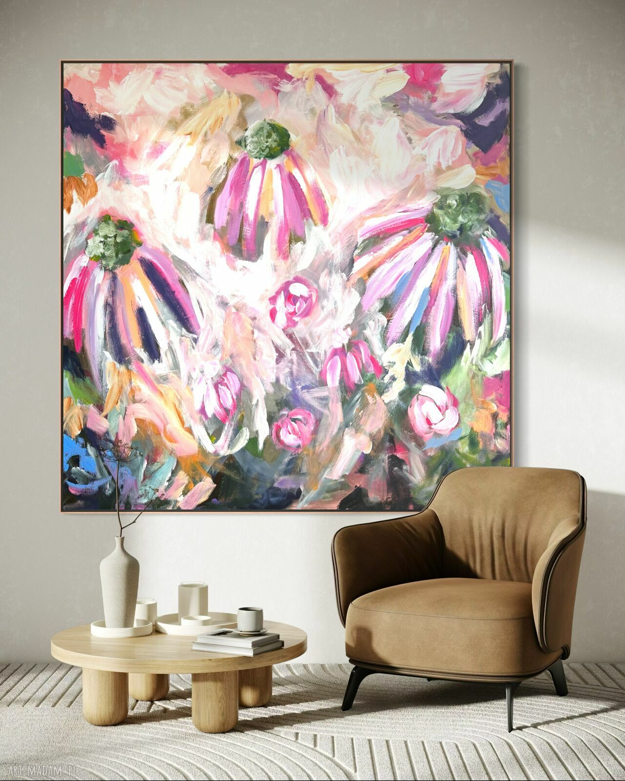 Ręcznie malowany obraz 100x100 cm w kwiatowej abstrakcji na płótnie