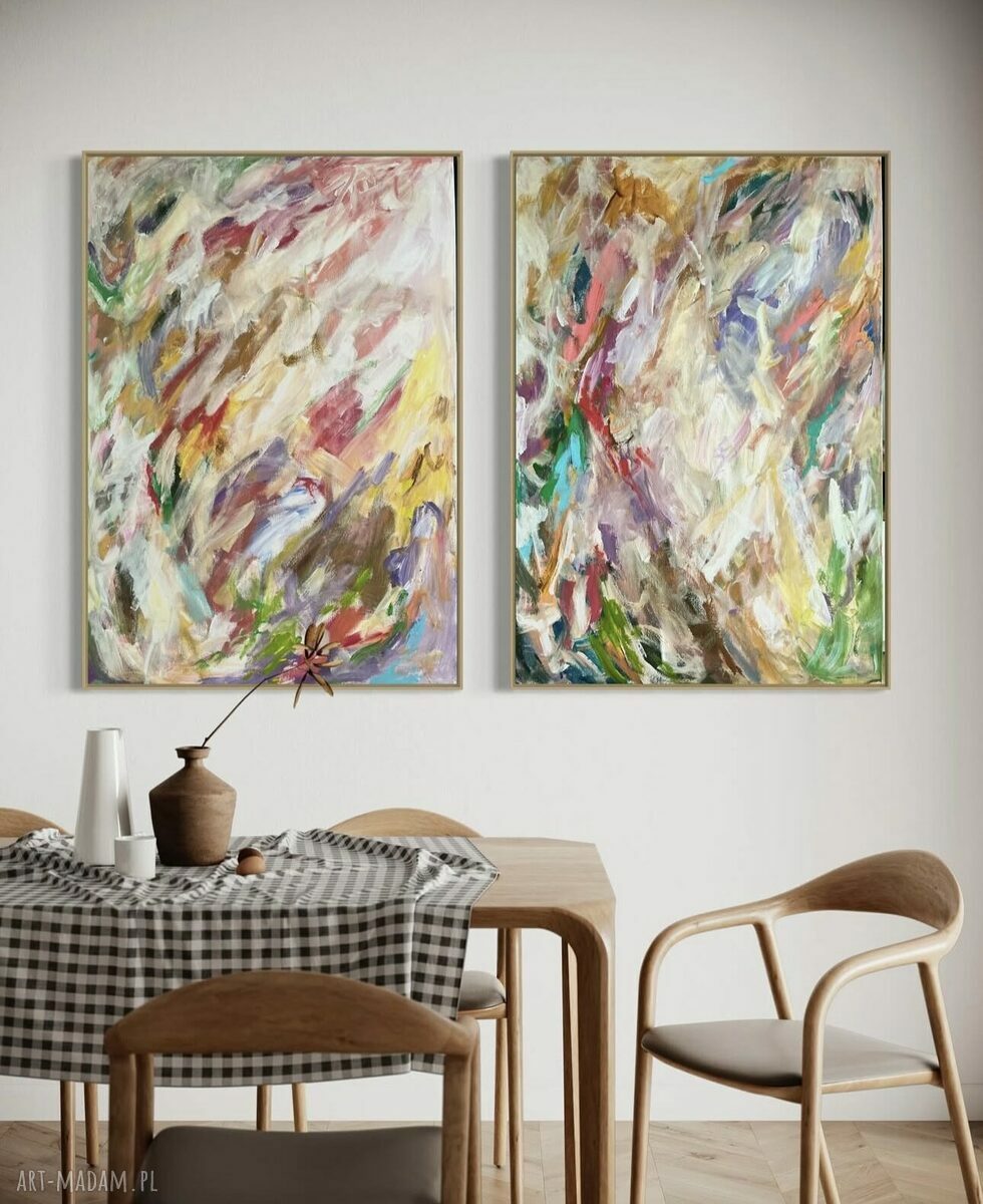 Zestaw 2 obrazów 100x70 cm na płótnie - kolorowa abstrakcja do salonu