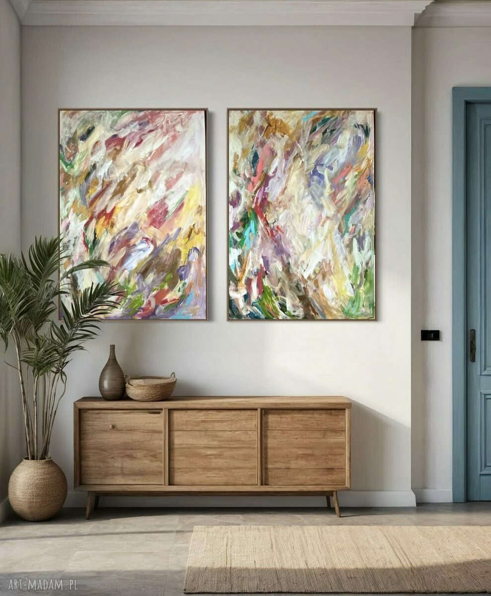 Zestaw 2 obrazów 100x70 cm na płótnie - kolorowa abstrakcja do salonu