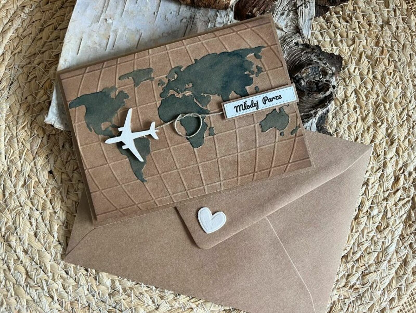 Kartka ślubna handmade z mapą i samolotem „Szczęśliwa podróż” kraft eco