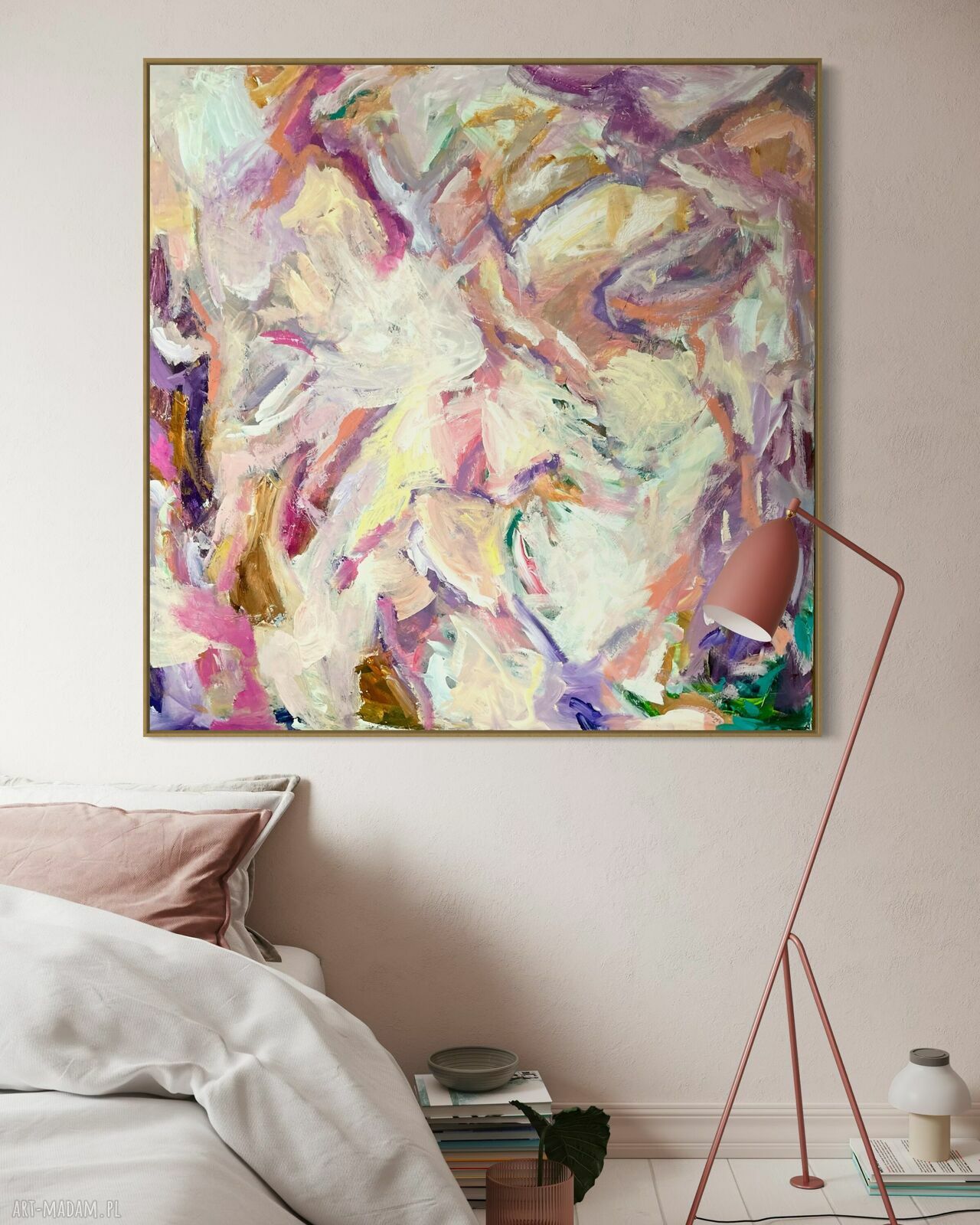 Duży obraz 110x110 cm na płótnie - abstrakcja w kolorze różowym do salonu