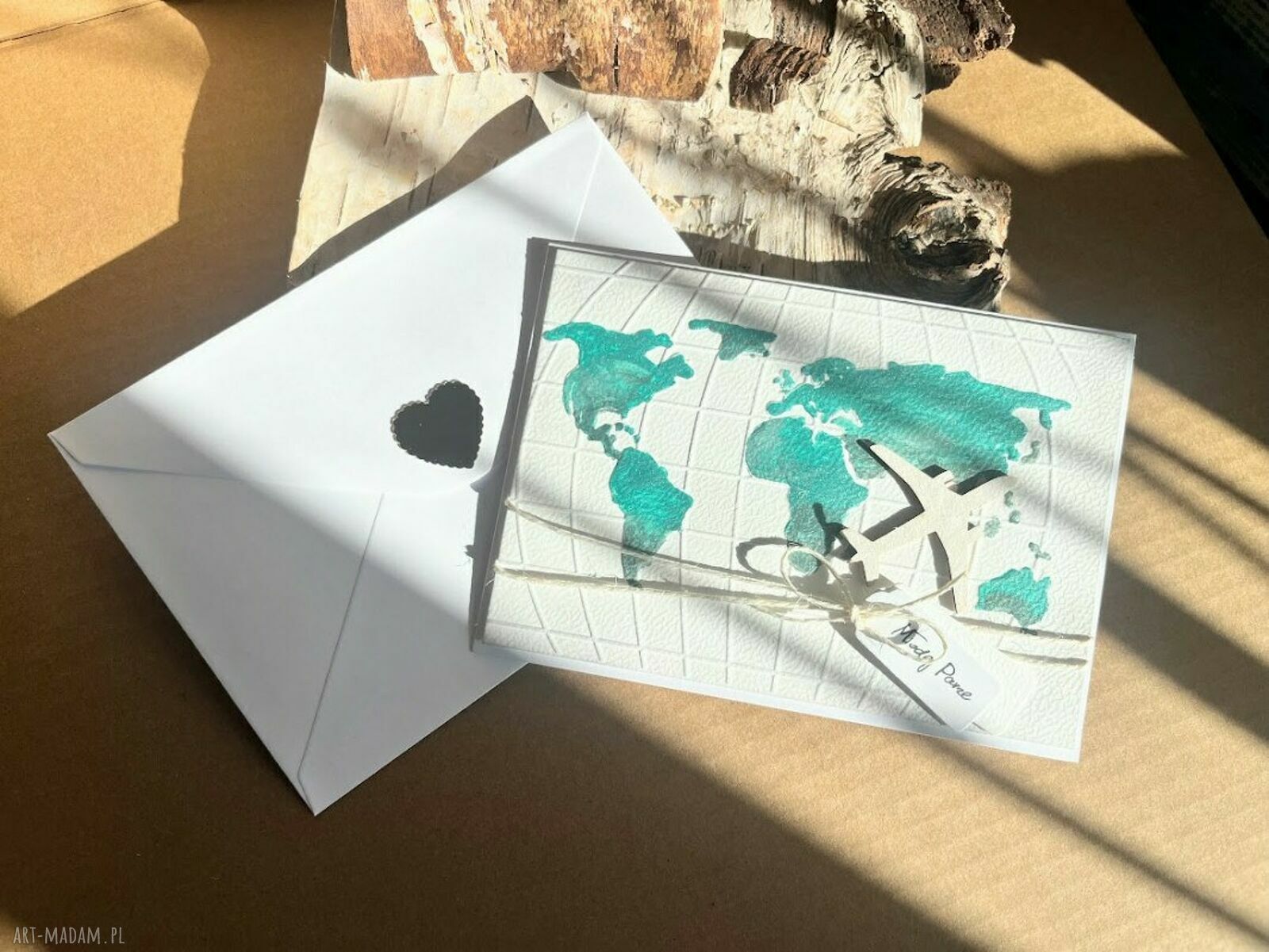 Kartka na ślub w szczęśliwą podróż - rękodzieło scrapbooking z kieszonką