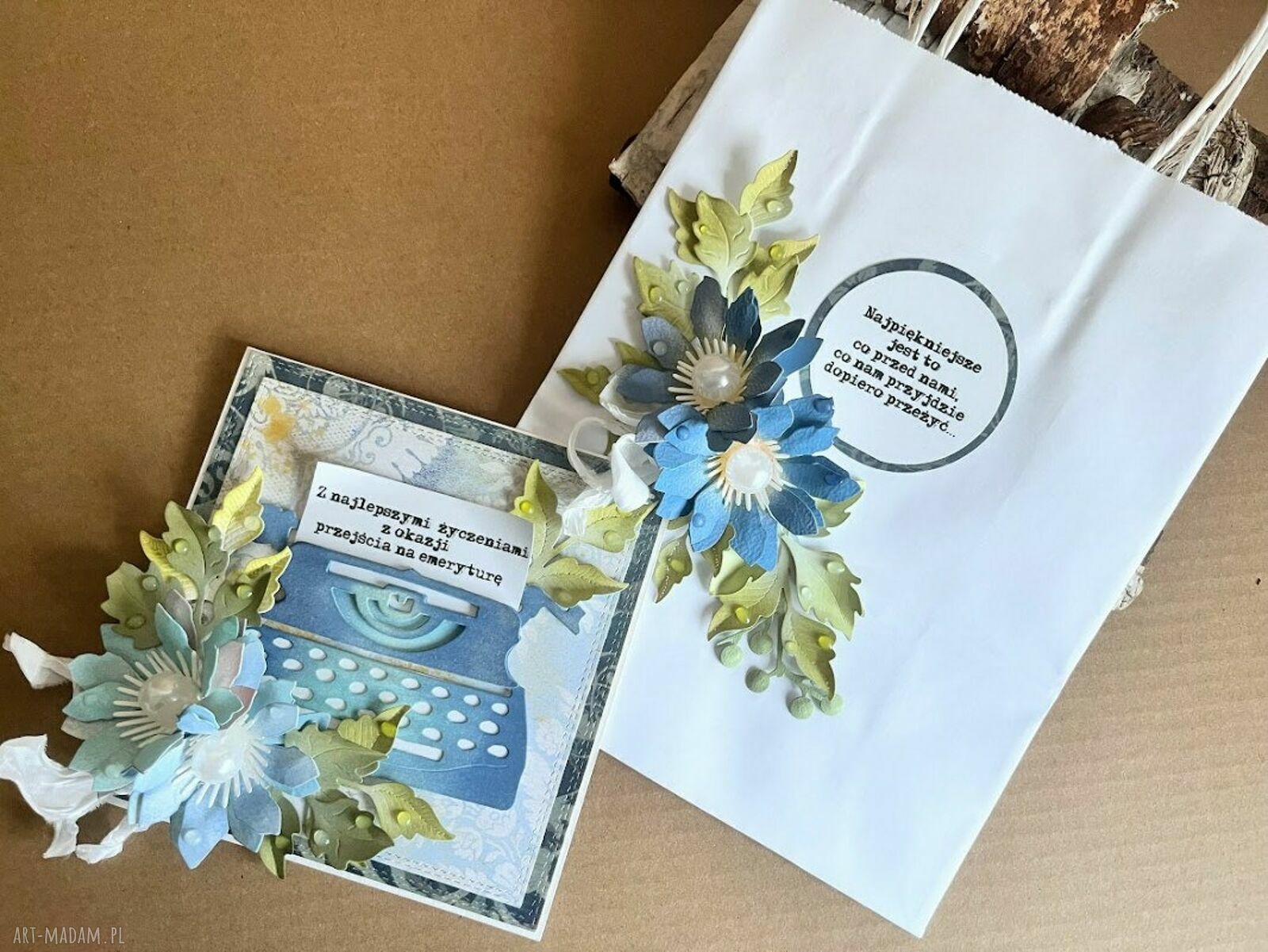 Wyjątkowa kartka na emeryturę w pudełku z torebką - ręcznie robiona scrapbooking 14 x 14
