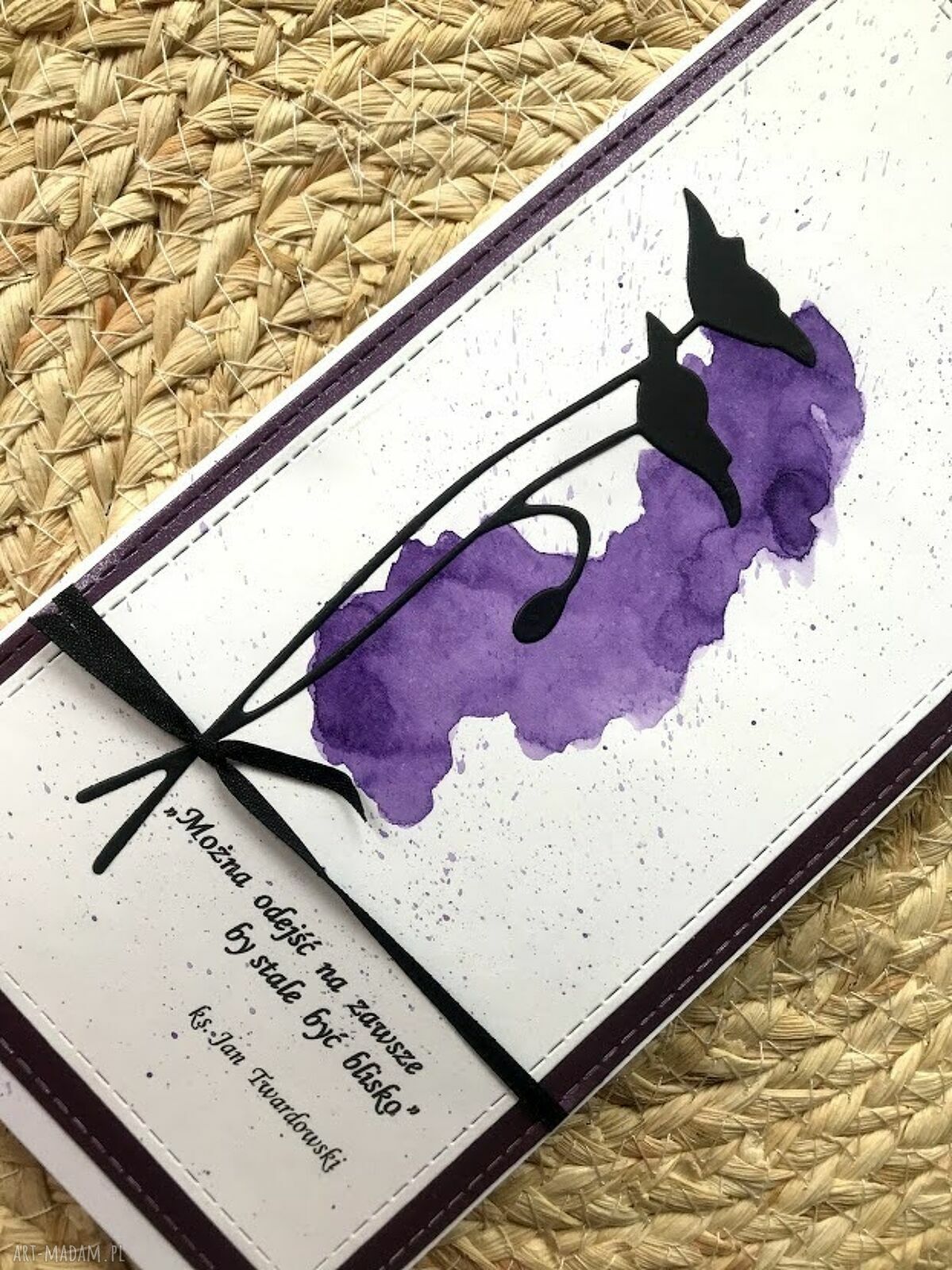 Kartka kondolencyjna handmade z białą kopertą i fioletową ramką - 10,5 x 21 cm