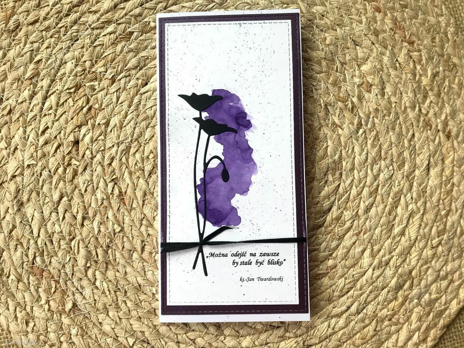 Kartka kondolencyjna handmade z białą kopertą i fioletową ramką - 10,5 x 21 cm
