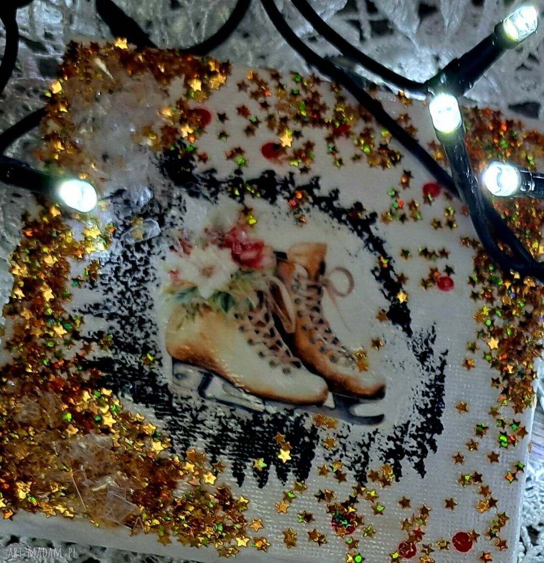 Zestaw 2 zimowych obrazków decoupage 10x10 cm - prezent pod choinkę i Mikołajki