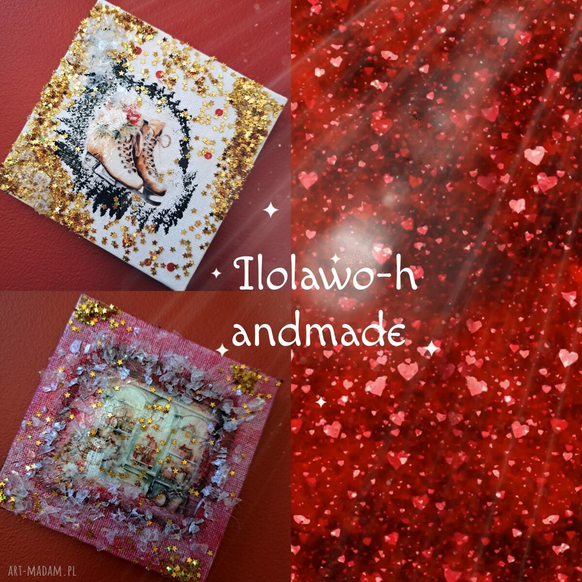 Zestaw 2 zimowych obrazków decoupage 10x10 cm - prezent pod choinkę i Mikołajki
