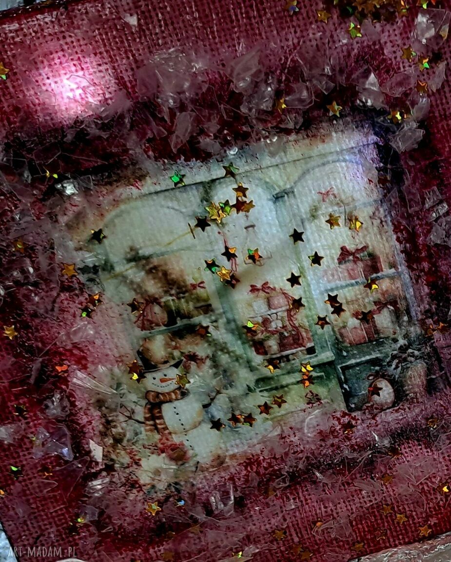Zestaw 2 zimowych obrazków decoupage 10x10 cm - prezent pod choinkę i Mikołajki