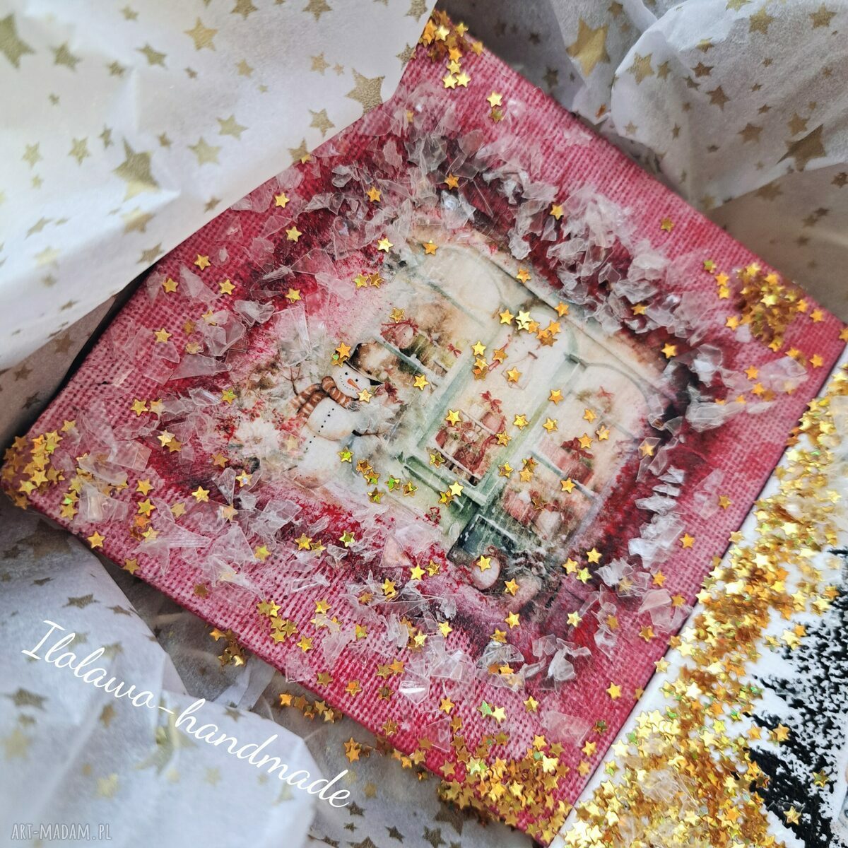 Zestaw 2 zimowych obrazków decoupage 10x10 cm - prezent pod choinkę i Mikołajki