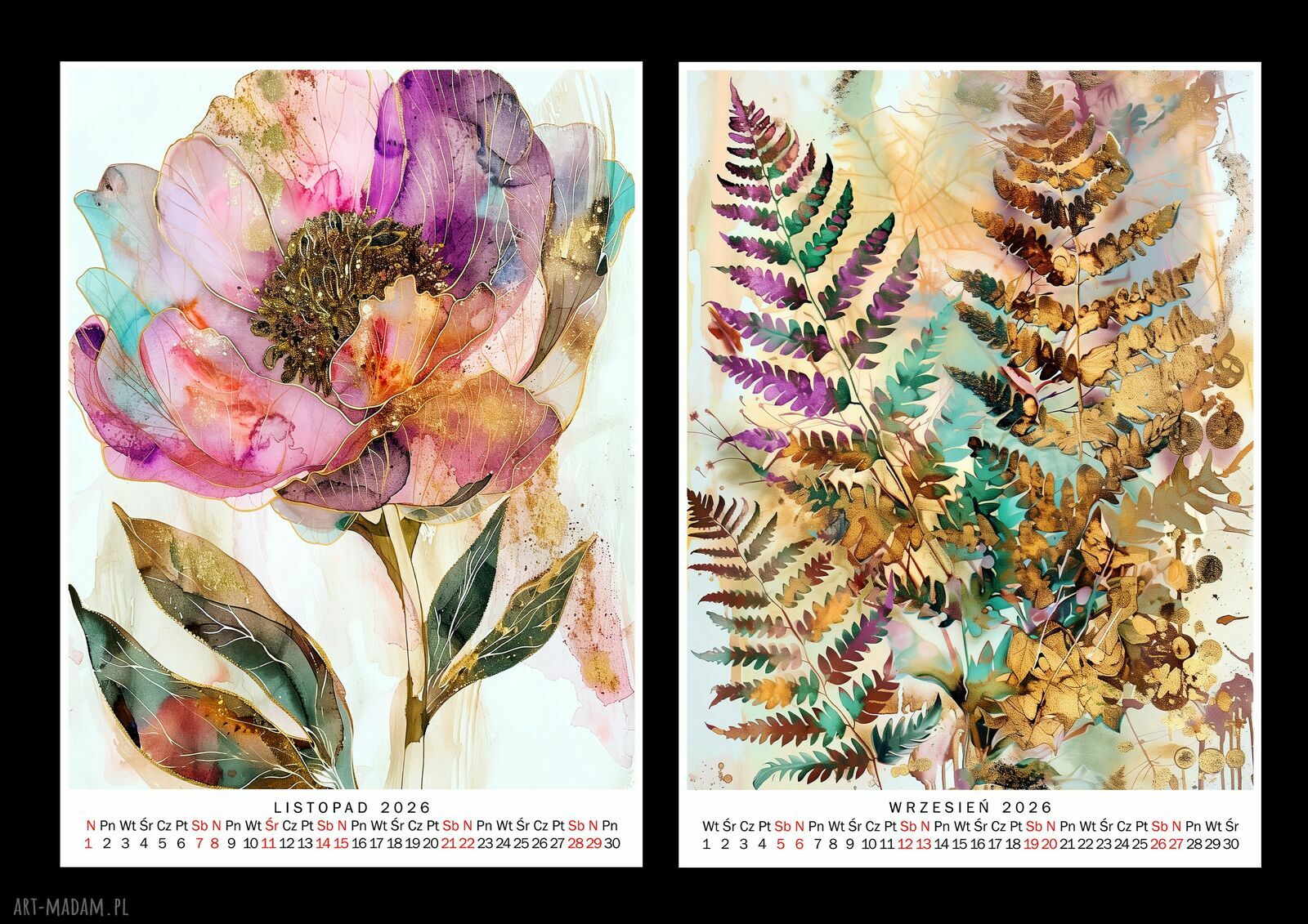Kalendarz 2026 Złota Flora 15x21 cm - autorski prezent na Nowy Rok z roślinną grafiką