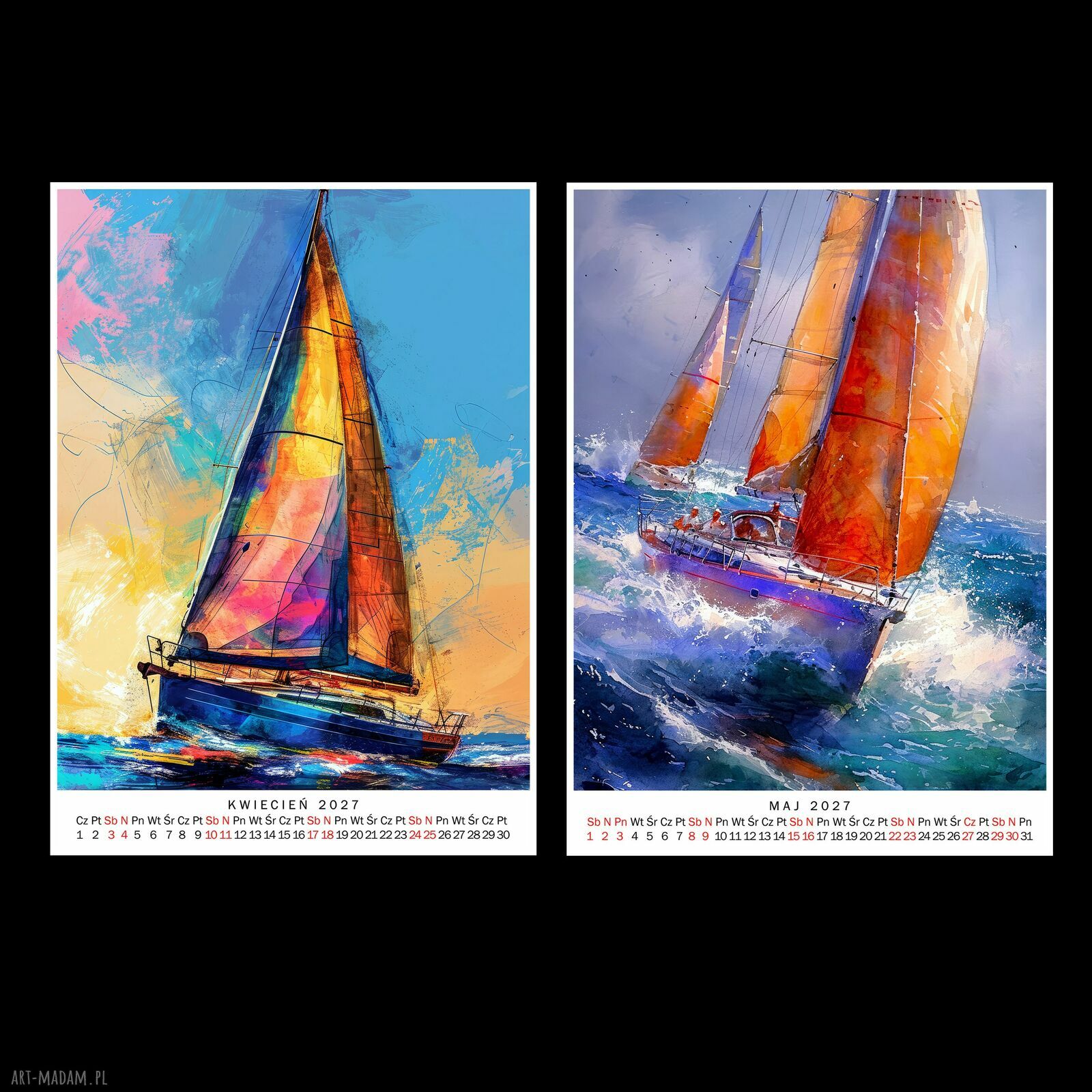 Kalendarz 2027 Żaglówki 15x21 cm z artystycznymi grafikami