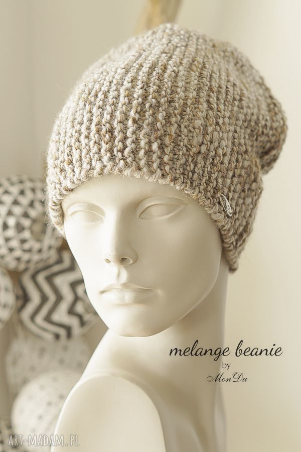 Czapka #22 z kolekcji 'melange Beanie' - ręcznie dziergana wełna z alpaka, beżowy melanż