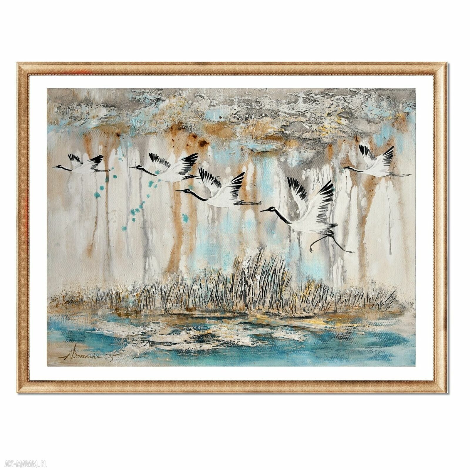 Żurawie 24 - ręcznie malowany obraz na płótnie do salonu (40x30 cm)