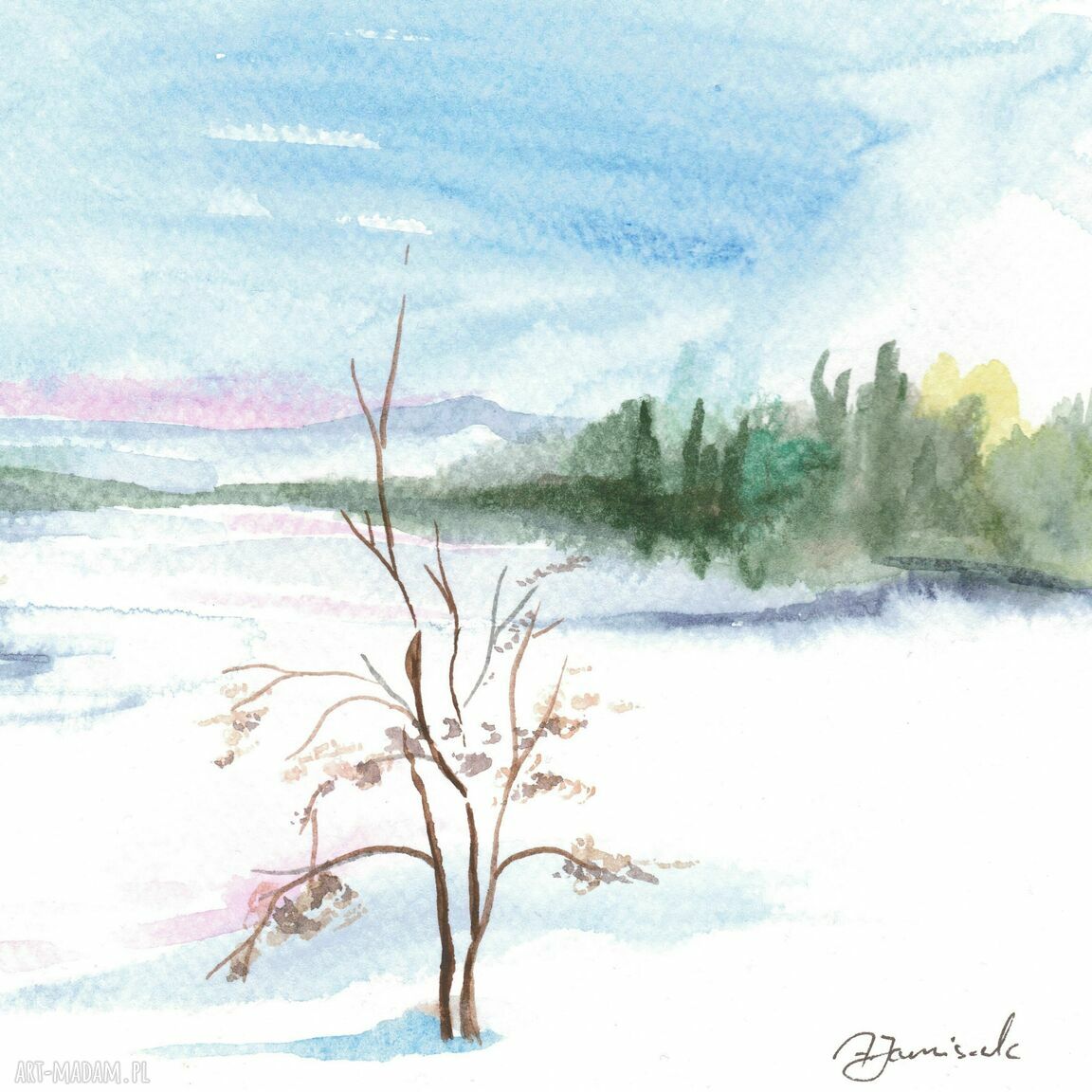 Tryptyk - zestaw 3 akwareli Zima (3x15x15 cm) - ręcznie malowany