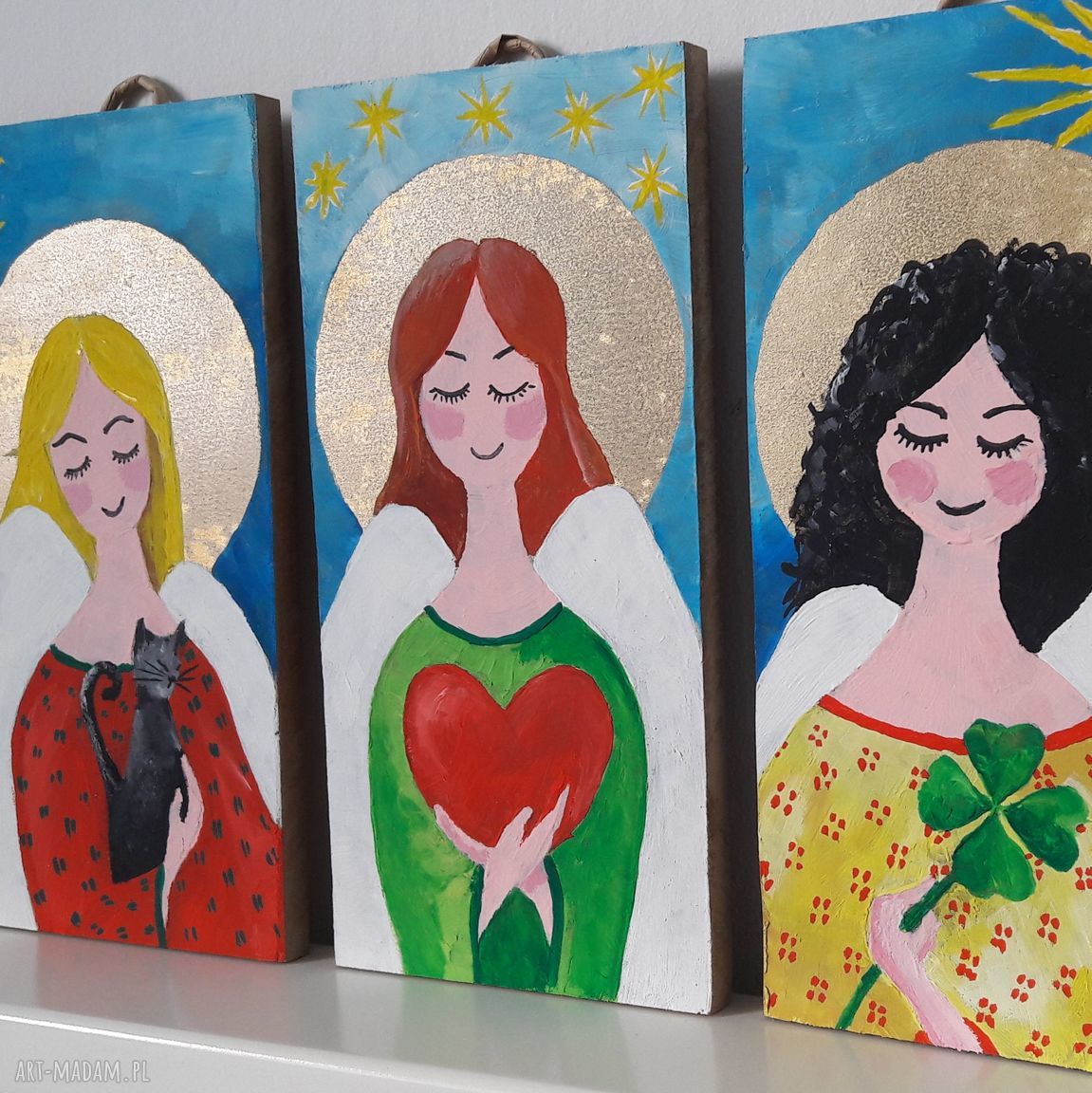 3 Aniołki na Przyjaźń, Miłość i Szczęście - tryptyk obrazów handmade