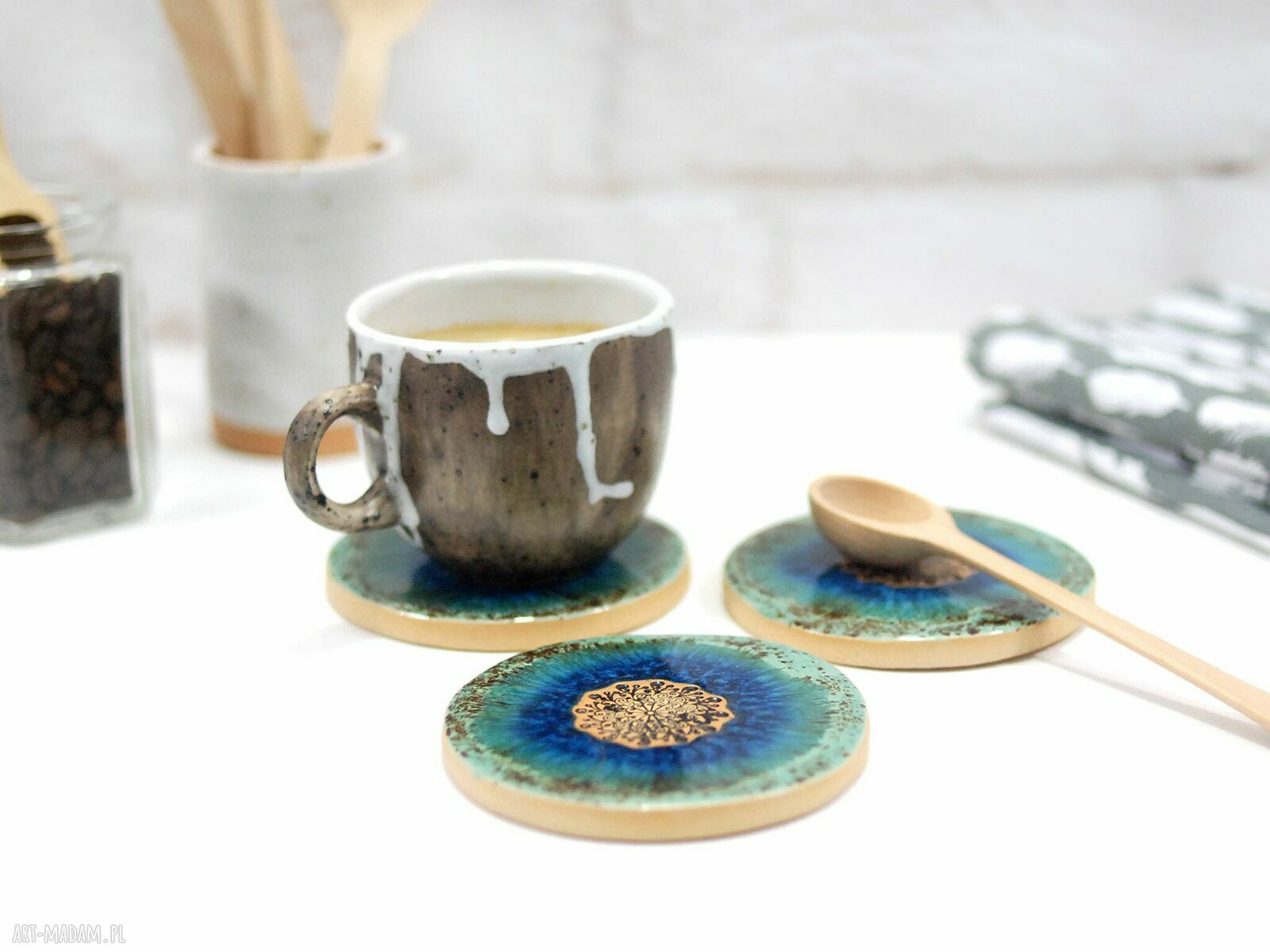 3 ceramiczne podkładki pod kubek Laguna - turkusowy klimat na co dzień