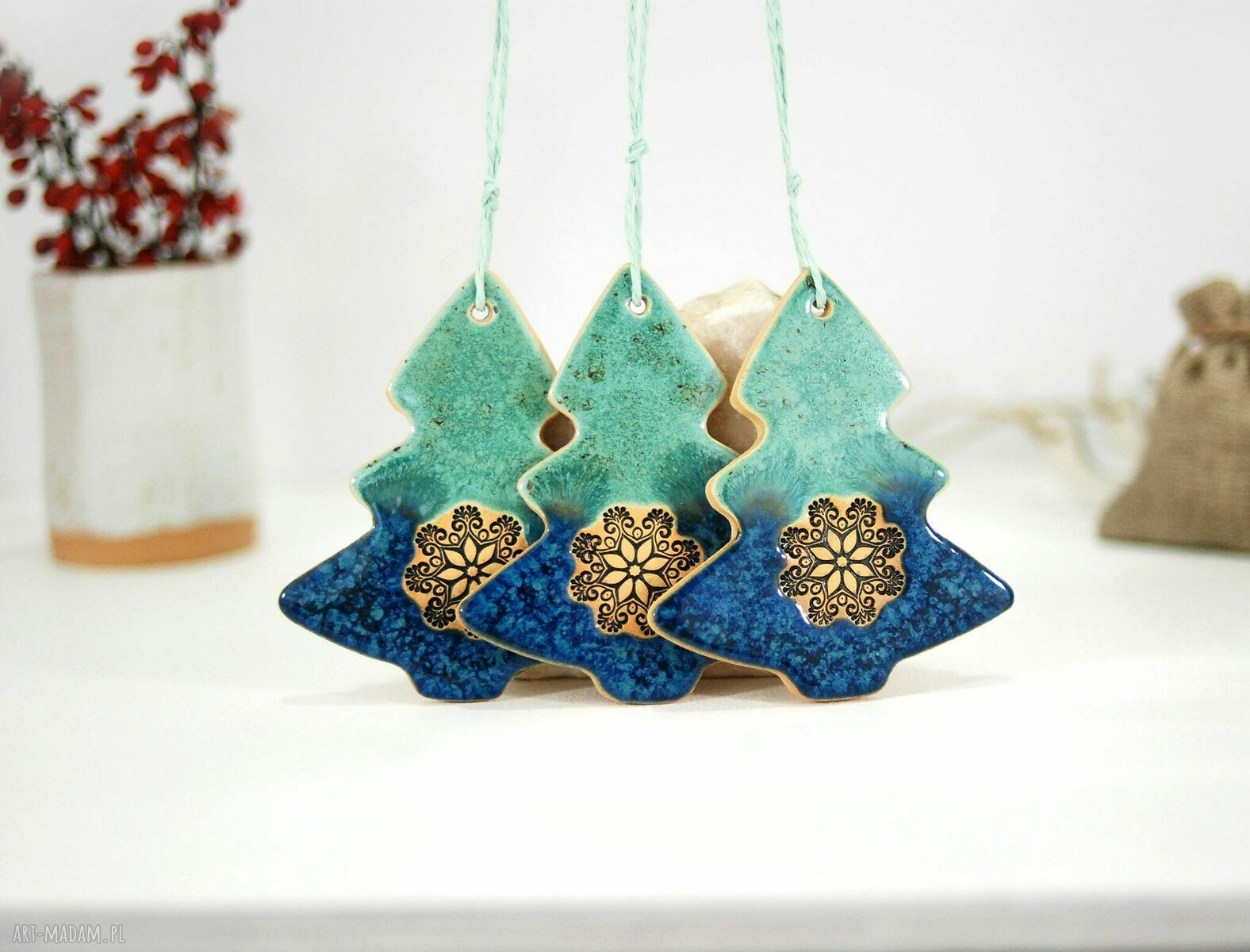 3 ceramiczne choinki świąteczne - boho
