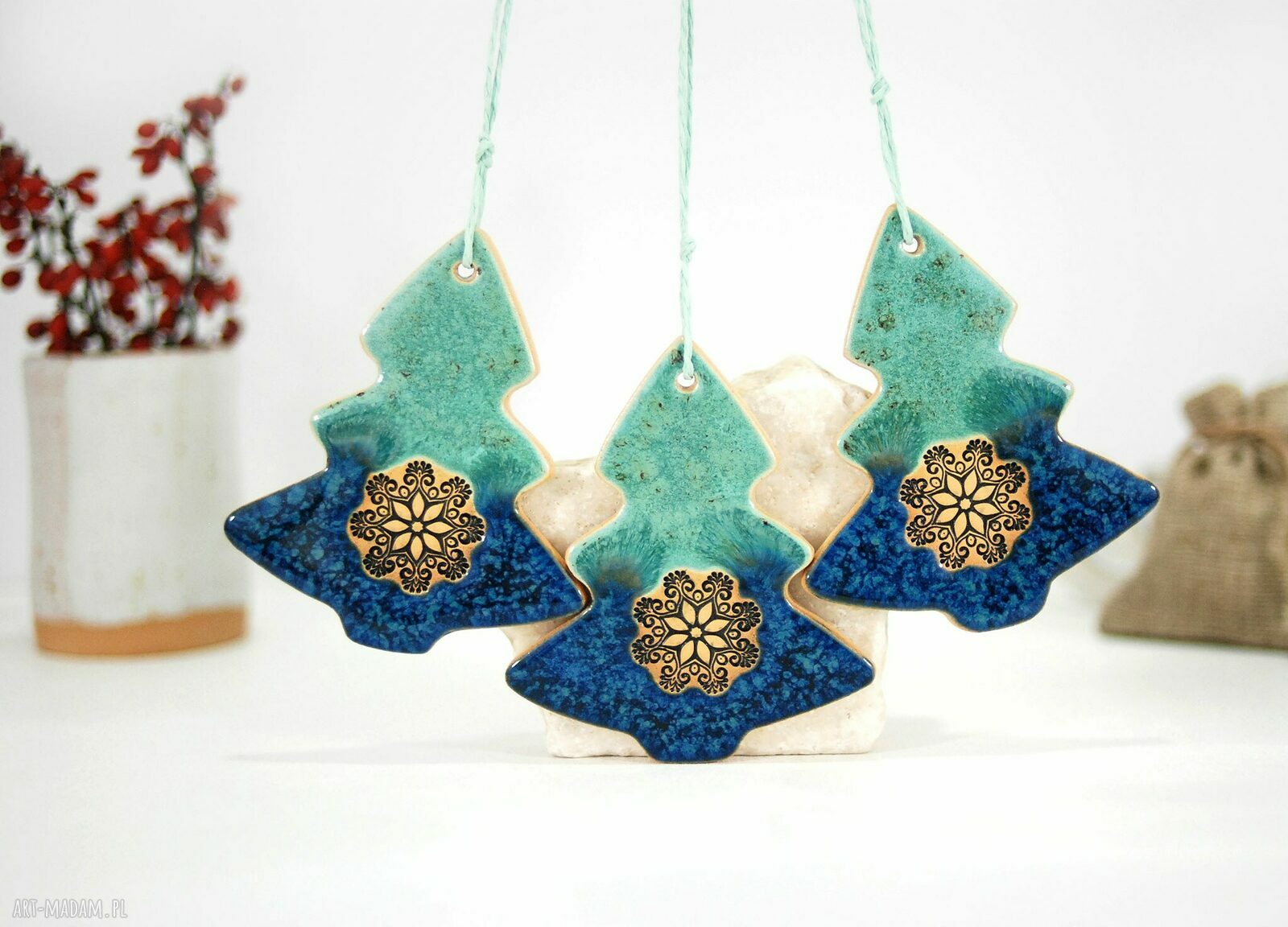 3 ceramiczne choinki świąteczne - boho